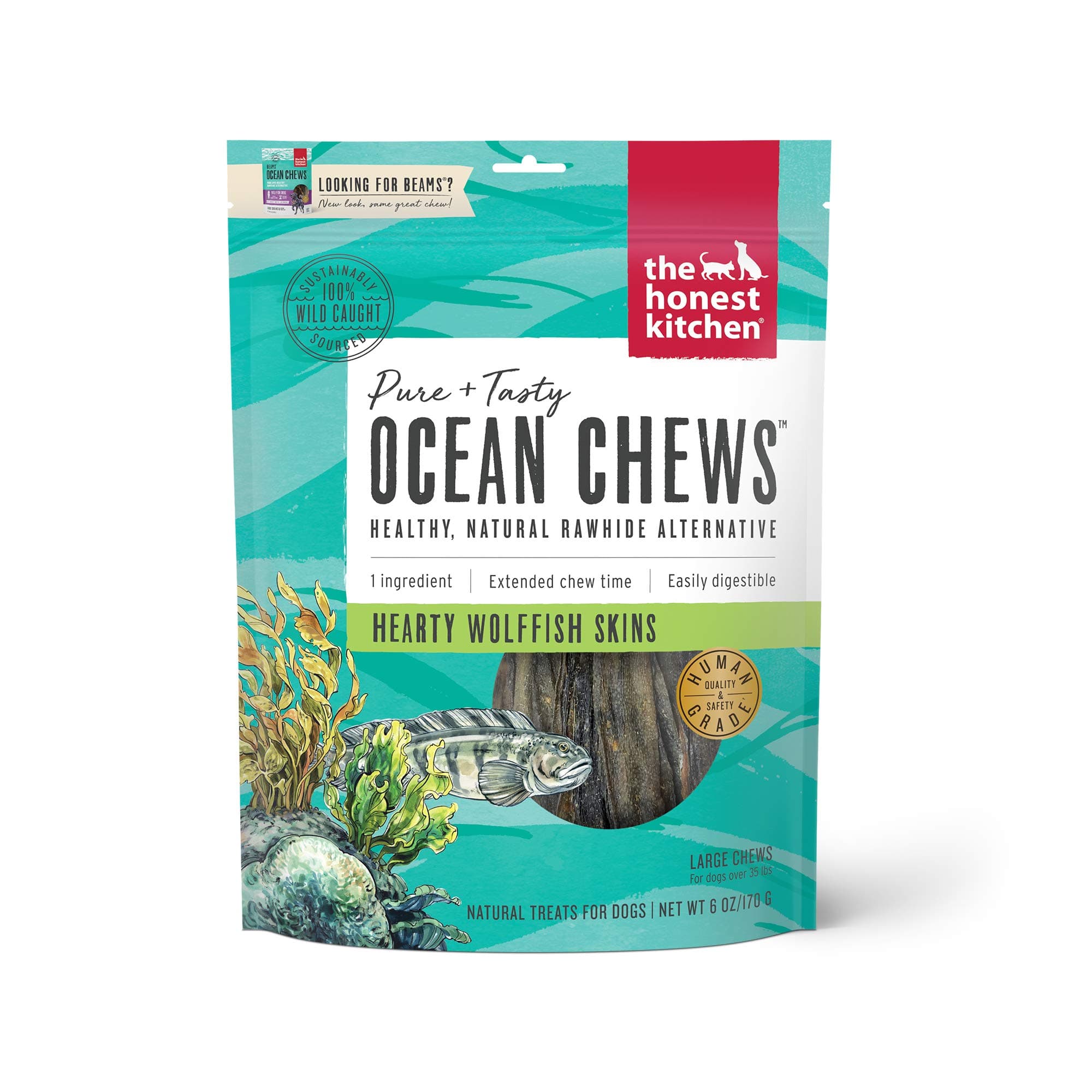 Human Grade Ocean Chews Hearty Wolffish Skins Dog Treats, 6 oz (Beams)