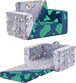 Tiita Kids Chair Couch, Folding Toddler Comfy Sofa Chairs, 2-in-1 Kids Plush Sofa Fold Out, Baby Armrest Chair Sofa to Lounger, Convertible Play Sofas to Bed for Girl or Boy, Vehicles