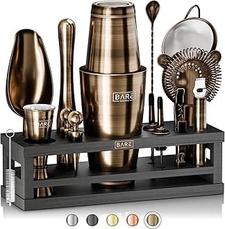 BARE BARREL® Mixology Bartender Kit Bar Set | 16-Piece Cocktail Shaker Set | Martini Barware Mixing Tools for Home Bartending | Incl. 35 Recipe Cards | Gift Set (28oz Boston Shaker, Brass/Black)