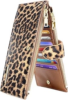 Womens RFID Blocking Glitter Leather Multi Card Organizer Bifold Black Wallet with Zipper Pocket,light leopard