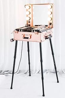 Kemier Makeup Case,Professional Artist Studio Cosmetic Train Table w/4 Rolling Wheels & Lights & Mirror,Pro Makeup Station,Cover Board and Easy Clean Extendable Trays,Adjustable Legs,Sturdy(Rose Gold)