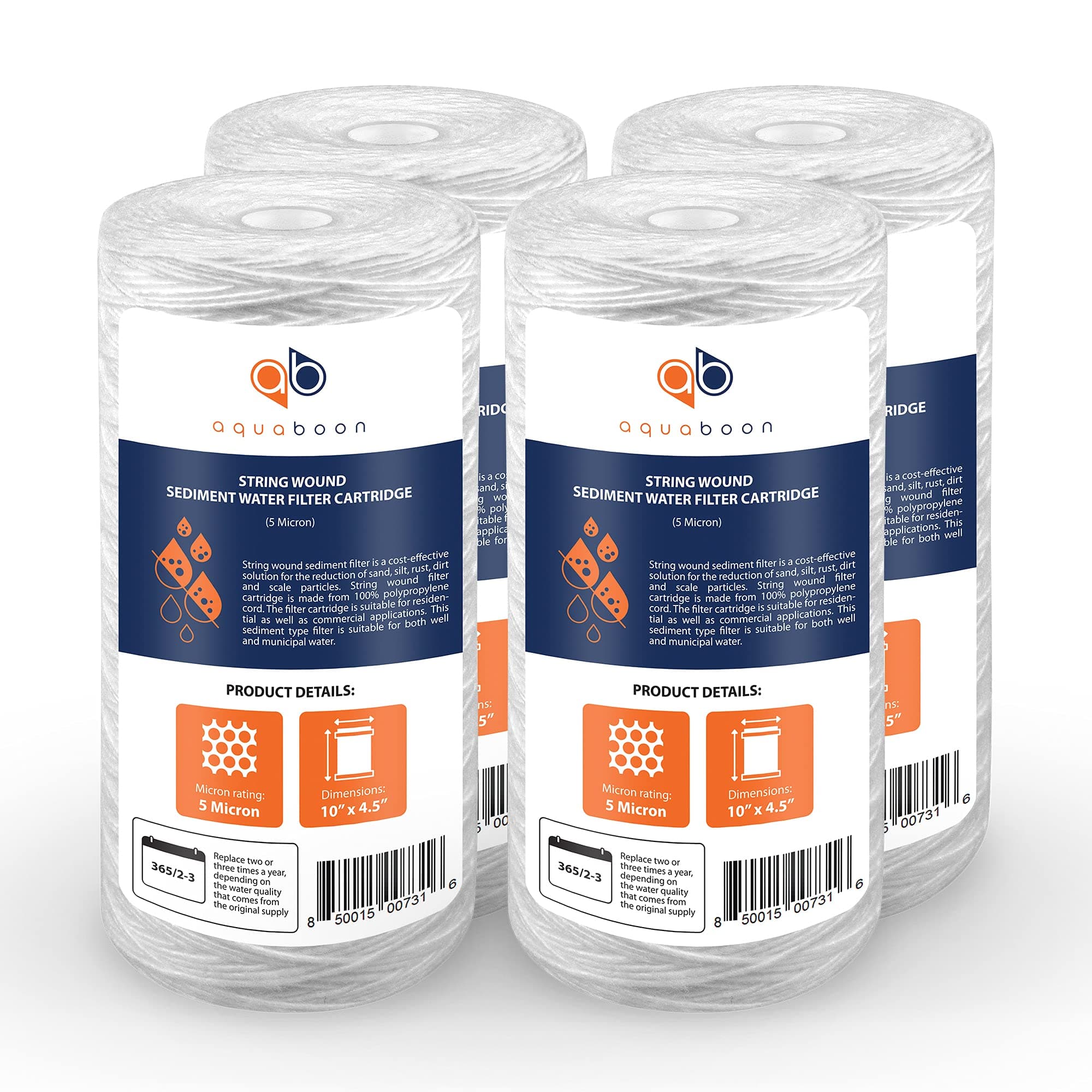 aquaboon5 Micron Water Filter 10 x 4.5 inch - String Wound Water Filter for Whole House System - Compatible with 84637, WPX5BB97P, PC10, 355214-45, 355215-45, WP10BB97P, WP5BB97P (4 Pack)