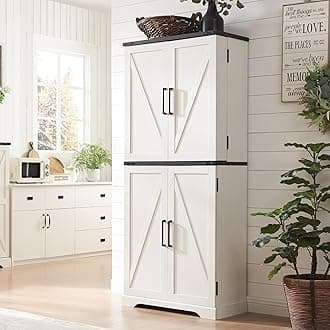 ACCOHOHO 72" Tall Kitchen Pantry, Farmhouse Storage Cabinet with Barn Doors, Organizer, Drawer and Adjustable Shelves, Rustic Wood Cupboard for Kitchen, Dining Room, Bathroom, Off White | Barn Doors, Organizer, Drawer, Adjustable Shelves, Cupboard