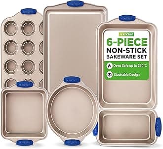 Bakeware Set 6-Piece, Nonstick Gold Baking Pans with Heat-Safe Handles, Includes Cookie Sheets, Roasting Pan, Loaf Pan, Muffin Tin & Square Cake Pan, Durable & Oven Safe