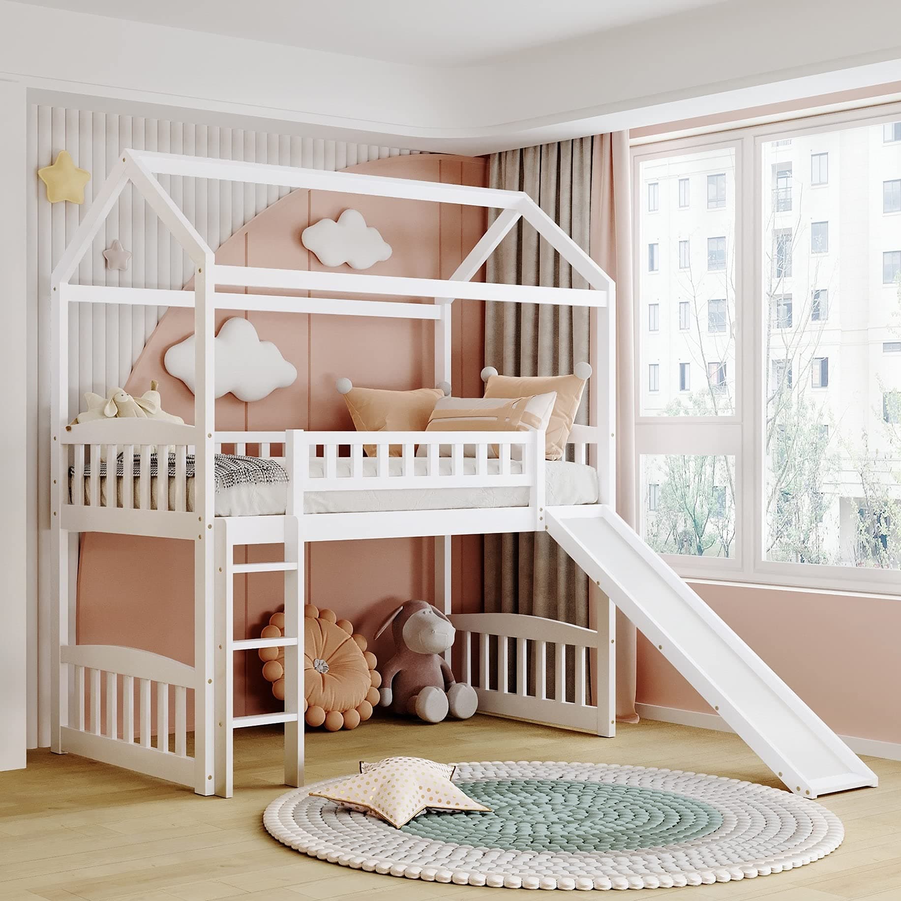 Merax House Loft Bunk Bed Frames with Slide No Box Spring Needed for Kids, Teens, Girls or Boys