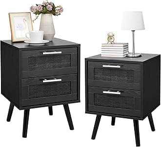 FinnhomyNightstand, End Table, Side Table with 2 Hand Made Rattan Decorated Drawers, Nightstands Set of 2, Wood Accent Table with Storage for Bedroom, Full Black, 2 Pack