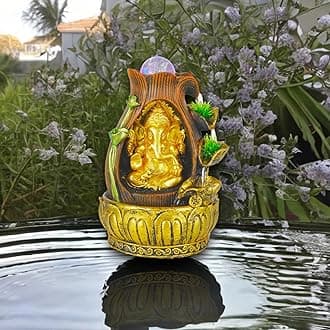 Seven Moon Tabletop Water Fountain Desktop Lord Ganesha Ganpati Figurine Lotus Waterfall with Crystal Ball Home Decor Ornaments for Living Room Office Natural River Indoor Zen Relaxation 7MWF5