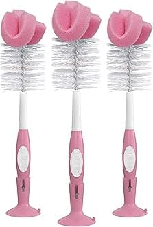 Reusable Sponge Baby Bottle Cleaning Brush Set with Suction Cup Stand, Scrubber and Cleaner, Pink, 3 Pack