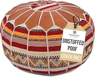 Marrakesh Gallery Unstuffed Genuine Leather Pouf Cover - Handcrafted Moroccan Leather Pouf Ottoman - Boho Round Ottoman Pouf - Durable Leather Pouf for Home and Garden Decor