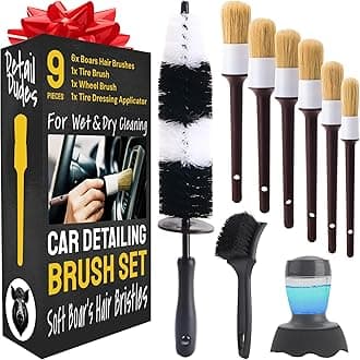 Detail Dudes Car Detailing Brush Set 9-pc - Boars Hair Brushes Plus Wheel Cleaner, Tire Brush and Dressing Applicator - Car Cleaning Kit for Leather Seats, Dashboards, Wheels, Grills and Paint