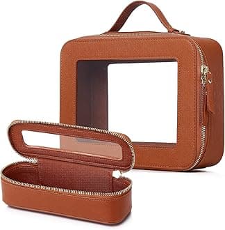 Clear Travel Makeup Bag with Brush Bag Portable Transparent Cosmetic Bag and Toiletry Bag Waterproof Clear Makeup Bag with Zipper Car Bag for Women (Brown, L+Slim)