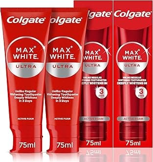 Colgate Max White Ultra Active Foam Toothpaste, at Home Whitening Toothpaste Clinically Proven Whiter Teeth in 3 Days, Toothpaste Multipack, 2 Pack, 75ml Tubes