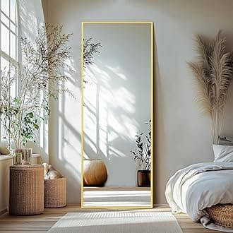 Delma Full Length Standing Mirror,Large Floor Mirror with Aluminum Frame for Bedroom, Bathroom, Living Room,Wall Mount or Freestanding Design(with Stand,Rect 69x24-Gold)