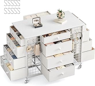 EnHomee 24 Drawers White Dresser for Bedroom, Dressers & Chests of Drawers with 4 Wheels and 40“ * 23” Wide Wooden Top, Metal Frame, Organizer Island with Hooks for Bedroom, Cloakroom, Dressing Room