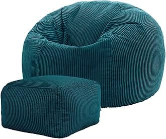 icon Kingston Cord Bean Bag with Footstool, Teal Green, Large Adult Bean Bag Chair with Filling Included, Comfy Chair, Pouffe Footstool, Living Room Furniture, Bedroom Furniture