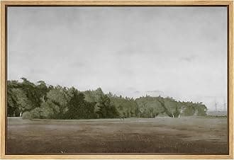 Framed Canvas Wall Art Brown Meadow with Green Forest Landscape Wilderness Oil Painting Impressionism Traditional Scenic for Living Room, Bedroom, Office - 24x36 inches