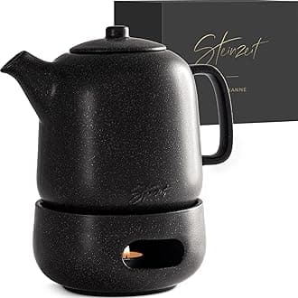 Steinzeit Design Tea Pot with Warmer (44 oz) - Premium Ceramic Teapot with Infuser for Loose Tea - Black Teapot Ceramic with Removable Steamer
