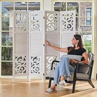 Room Dividers,5.6 Ft Wood Carved Wall Divider Indoor Folding Portable Partition Screen for Home Office Garden Terrace - 4 Panel (White)