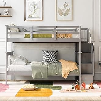 Harper & Bright Designs Twin Over Twin Bunk Bed with Stairs, Solid Wood Bunk Bed Frame with Storage and Guard Rail for Bedroom, Dorm, for Kids, Teens, Adults (Gray)