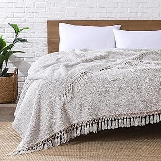 Ultra Soft Fleece Sherpa Blanket King Size,Lightweight Cozy Boho Bed Blanket with Decorative Tassel, Pattern Reversible, 2 Tones Ombre Light Brown,104”x90”