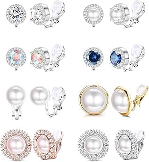 sailimue 8 Pairs Clip Earrings Sets for Women Fashion Cubic Zirconia CZ Crystal Freshwater Pearl Earrings Hypoallergenic Non Pierced Clip on Earrings Jewelry
