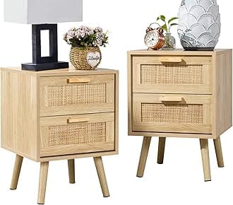 Finnhomy Nightstands Set of 2, Rustic Modern Rattan Decorated End Tables with 2 Drawers, Wood Accent Table with Storage, Natural, 15.75" L x 15.55" W x 21.65" H, Beige