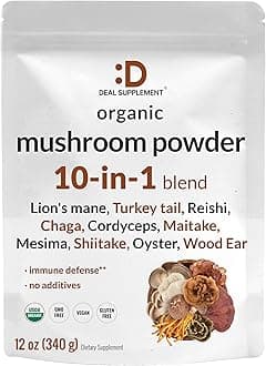 DEAL SUPPLEMENT Organic Mushroom Powder Supplement, 12oz – 10 in 1 Active Blend – Shiitake, Lions Mane, Cordyceps, Chaga, with More –Supports Immune, Energy, & Brain Health – Non-GMO, Vegan