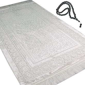 Velvet Prayer Rug - Soft Plush Turkish Janamaz Sajada Carpet for Men and Women - Plain Solid Prayer Mat Ramadan Eid Gift - with Prayer Beads - Luxury Floral Stamp (White)