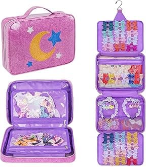 Hair Accessories Organizer, Shiny Bow Holder for Baby Girls, Travel Hair Storage Bag for Hair Clips, Headbands, Scrunchies and Hair Ties(Purple)