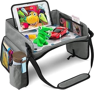 [New Version] Car Seat Organizer Kids Travel Tray for Kids Toddlers Activities in Car Seat, Stroller, Airplane | Touch Screen iPad Holder | Waterproof Dry Erase Top | Side Pocket & Water Bottle Holder