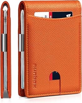 RUNBOX Slim Money Clip Wallets for Men, Minimalist Card Holder Small Leather Bifold RFID Blocking Mens Front Pocket Wallet with 11 Card Slots Gift Box, HERM NEW-Palm Lines Orange, Classic