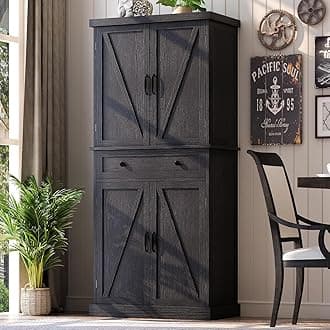 kepptory 72" Tall Kitchen Pantry Cabinet, Black Pantry Storage Cabinet with Adjustable Shelves, Barn Doors and Drawer, Farmhouse Cupboard for Kitchen, Dining Room, Bathroom (16" D x 30" W x 72" H)