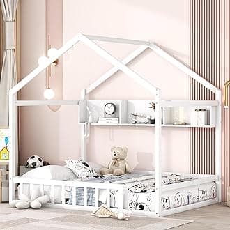 Bellemave Full Size/House Floor Bed with Storage Shelf, Wooden Montessori Floor Bed with Fence and Roof for Kids, Full Bed Frame for Boys, Girls, White