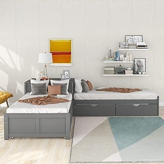 SOFTSEA Twin Size L-Shaped Bed Frame with Trundle and Drawers, Wood Corner Bed with Storage Nightstand