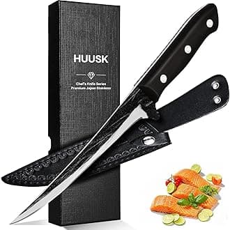 Huusk Fish Fillet Knife with Sheath - Hand Forged 7 Inch Boning Knives for Meat Trimming, Japanese Brisket Trimming Knives with Wooden Handle for Outdoor Camping, Christmas Gift for Men and Women
