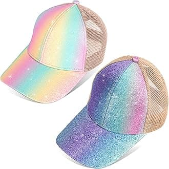 BROMZ Girls Glitter Baseball Cap Kids Ponytail Hat Adjustable Summer Mesh Trucker Hats for 4-12 Years