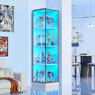 Corner Display Cabinet with Doors, 4-Tier Curio Cabinet for Collectibles, Display Case with 3 Color Light, Storage Cabinets with Door, Bookcase with Human Body Sensor, White(15.7" W)