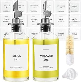 Olive Oil Dispenser Bottle - Includes 55 Kitchen Essential Labels - Cooking Oil Bottles for Kitchen, Coffee Syrup Dispenser - Pourer Spout with 11.8 fl oz Glass Container Cruet - 2pcs Silver