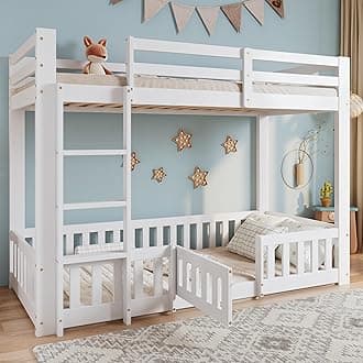 LTGB 3FT Bunk Bed for Kids, Bed with Fences and Door, Children's Bed with Fall Protection and Railings, Solid Wood, Suitable for Kids Boys Girls, White (190x90cm)
