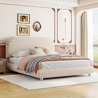 Merax Teddy Fleece Full Size Upholstered Platform Bed with Thick Fabric, Solid Frame and Stylish Curve-Shaped Design, Beige