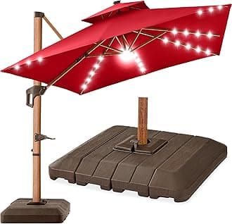Best Choice Products 10ft Square Cantilever Patio Umbrella w/Base Included, Woodgrain Pattern Pole & Solar LED Lights, 360-Rotation, Offset Hanging Outdoor Shade - Red
