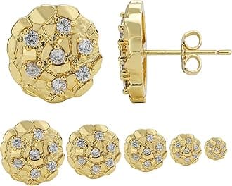 14K Gold Plated Nugget Earrings For Men,Unisex Roung Textured Cookie Nugget Stud,Cubic Zirconia Round Earrings Studs Gold
