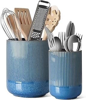 LE TAUCI Utensil Holder for Kitchen Counter, 7.3"+5.4" Fluted Ceramic Utensil Crock Organizer for Countertop, Heavy Large Holder for Spatulas, Spoons, Set of 2, Blue Marble