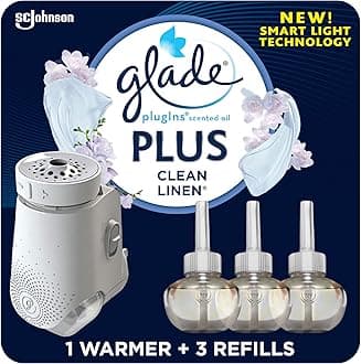 PlugIn Plus Air Freshener Starter Kit, Scented Oil for Home and Bathroom, Clean Linen, 2.01 Fl Oz, 1 Warmer + 3 Refills
