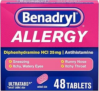Ultratabs Antihistamine Allergy Relief Medicine, 25 mg Diphenhydramine HCl Tablets for Relief of Cold & Allergy Symptoms Such as Sneezing, Runny Nose, & Itchy Eyes & Throat, 48 ct
