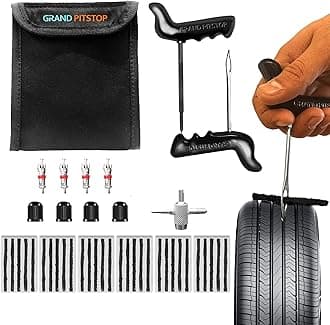 GRAND PITSTOP Universal Tire Puncture Repair Kit includes T Handle for insertion X 1, Tire Reamer Tool X 1, 4 ways valve stem tool X 1, Valves X 4, Cutter X 1, Repair Plugs X 30