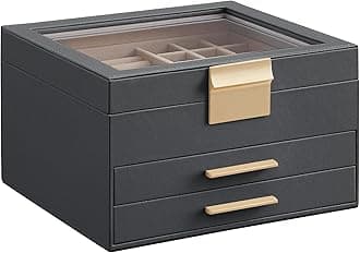 GISELLA Collection - Jewelry Box Organizer, 3-Layer Jewelry Storage with 2 Drawers, Shiny Metal Hardware, Glass Lid, Modern, 8 x 9.1 x 5.3 Inches, Gray and Gold Color UJBC239G02