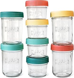 MASON BOTTLE - Glass Mason Jars for Breast Milk Storage - Wide easy to clean design, dishwasher and Freezer safe (4 and 8 oz Jars (Set of 8))