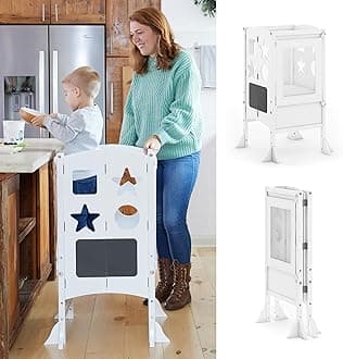 Guidecraft Classic Kitchen Helper® Stool - White with Keepers and Non-Slip Mat: Foldable, Adjustable Height Safety Cooking Tower for Toddlers with Chalkboard | Kids Learning Platform