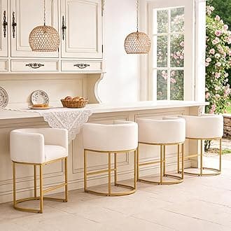 ClinQ 26" H Counter Height Bar Stools Set of 4, Modern Barrel Counter Stools with Backrest and Arms, Gold Metal Frames,Linen Fabric Upholstered Accent Barstools for Kitchen Island, Beige